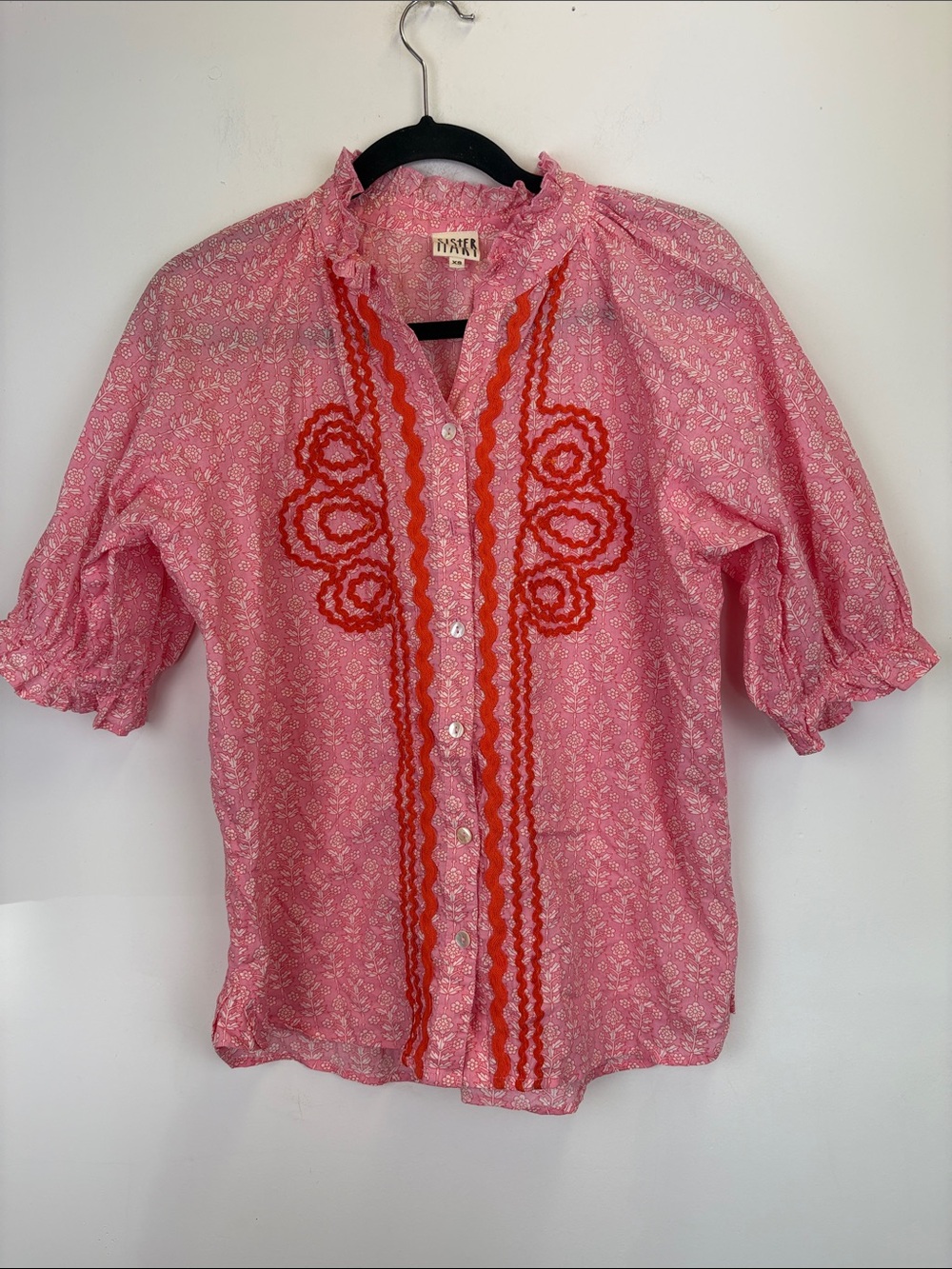 Sister Mary Oversized Boho Blouse XS Pink Floral Embroidered Puff Sleeve Top